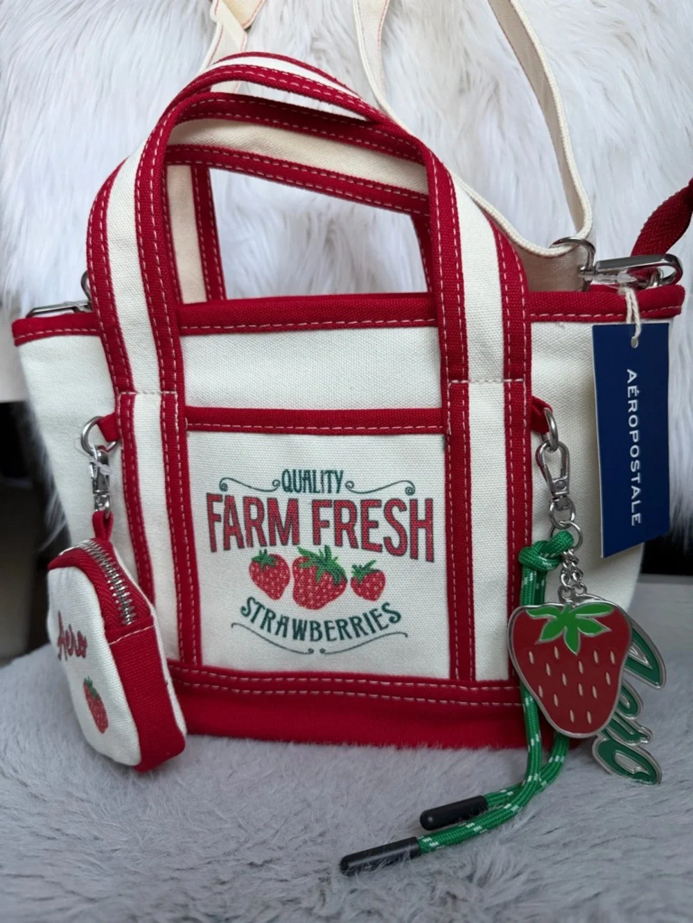 Aeropostale Red & Cream Strawberry Canvas Tote Crossbody with Strawberry Charm - Picture 17 of 17
